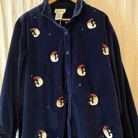 Quacker Factory Velour Shirt Pants Set 2X Santa Moon Embroidered Blue Christmas - Picture 1 of 14